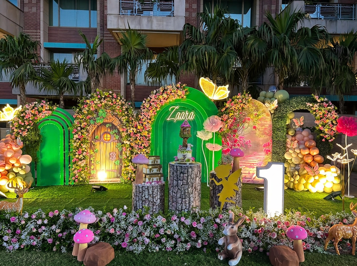 An enchanted forest celebration glowing at night