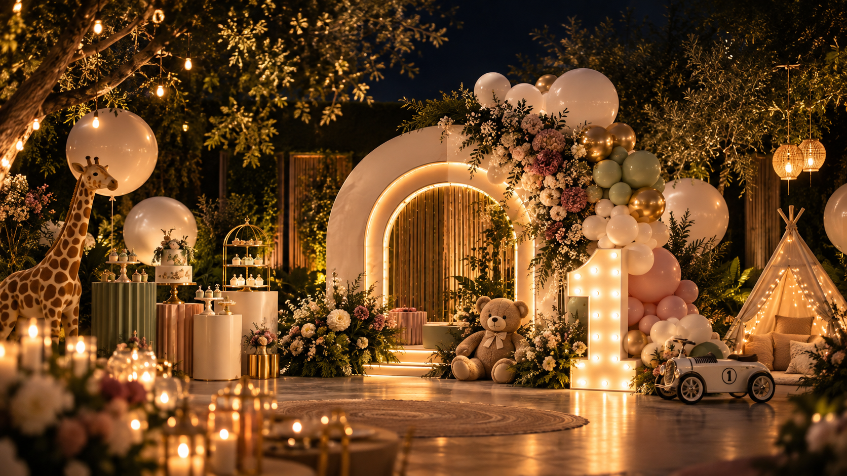 A premium first birthday celebration with floral arches, balloons, and warm lights